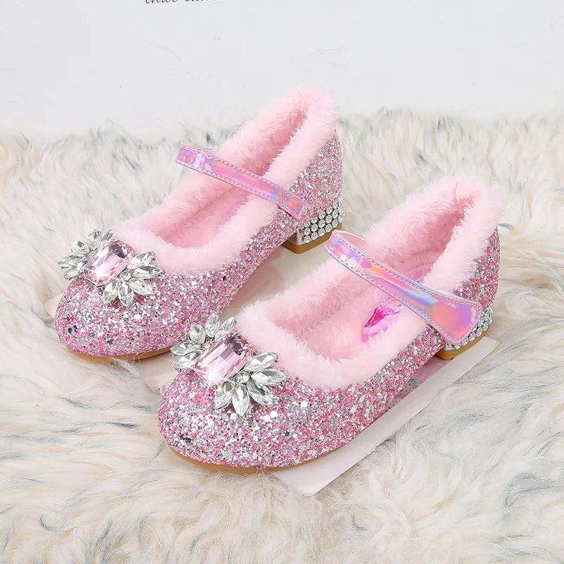 Disney Princess Crystal Girls Shoes Frozen Elsa Sophia Rhinestones Shoes Performance Party High Heels Pink Blue Shoes Size 23-36