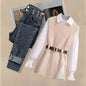 2026 Spring New Korean Elegant in Matching Set Women's Fashion Knitted Vest+ Shirt+ Jeans Three Piece Female Chic Denim Pants Suit