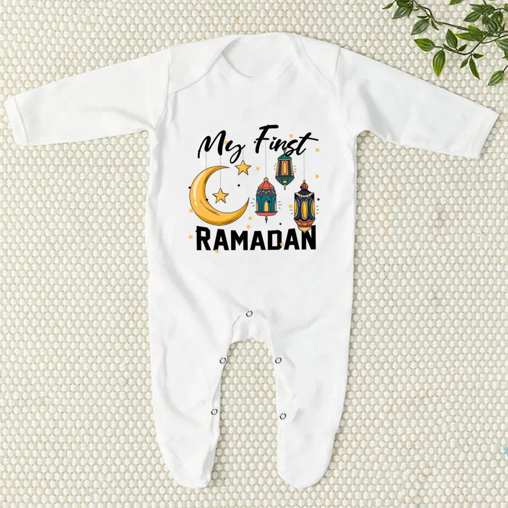 My First Eid/Ramadan Print Baby Sleepsuit Newborn Bodysuit Infant Long Sleeve Romper Ramadan Islamic Muslim Baby Keepsake Outfit