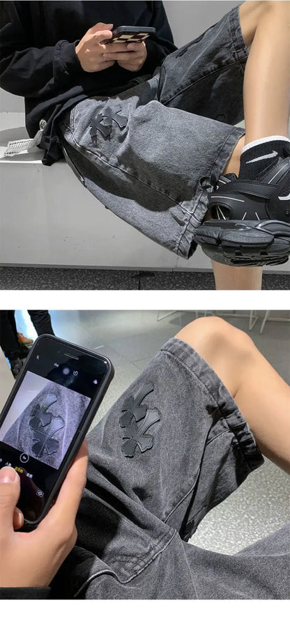 American cross-print denim shorts men's summer thin Hong Kong style loose trousers trendy brand retro casual mid-pants y2k tops