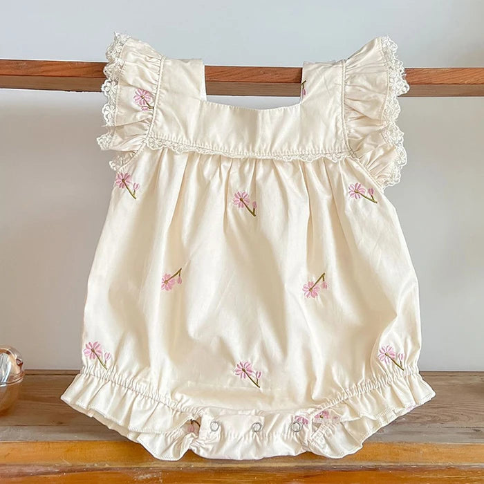 Newborn Baby Girls Jumpsuit Flying Sleeve Cotton Flower Embroidery Toddler Baby Girl Bodysuits Baby Girls Clothes For Summer