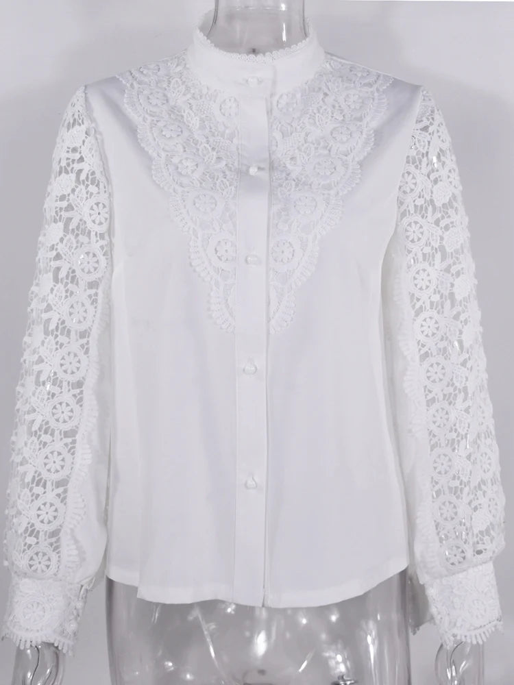 Shirts Elegant Office Ladies White Collared Lace Patchwork Hollow Out Button Up Women's Tops And Blouses 2026 Fashion New Blouse