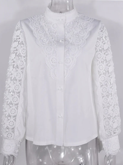 Shirts Elegant Office Ladies White Collared Lace Patchwork Hollow Out Button Up Women's Tops And Blouses 2026 Fashion New Blouse
