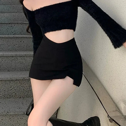2026 Black Split Mini Skirts Women Summer Club High Waist Slit Skirt Streetwear Korean Party Fashion Irregular Slim A Line Skirt