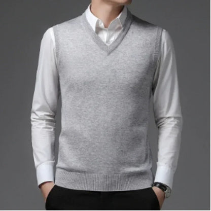 New Men's Autumn High-end Sweater Vest V-neck Warm Knit Sleeveless Men's Clothes Pullover Tops