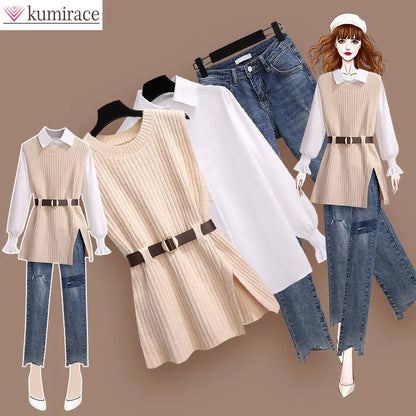 2026 Autumn Increased Size Korean Popular Chiffon Shirt Knitted Sweater Jeans Three Piece Elegant Women's Pants Set Tracksuit