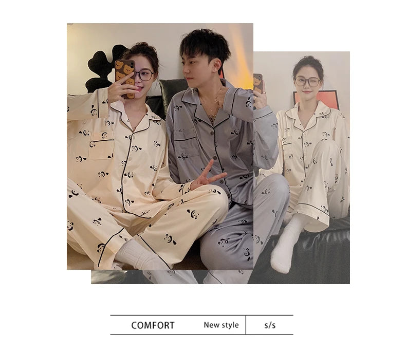 Pajama Women Pajama Man Set Cotton Plus Size Spring Autumn Long-sleeved Korean Cardigan Casual V-neck Nightwear Couple Pyjama