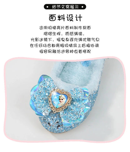Disney Princess Kids Warm Winter Shoes for Girls Elsa Casual Glitter Children Flat Heel Girls Shoes Butterfly Knot Blue Pink