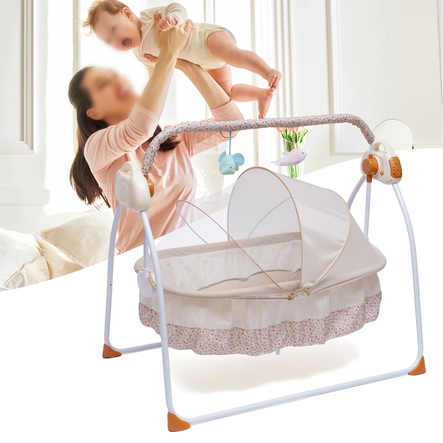 Electric Baby Crib Cradle Auto-Swing Newborn  Sleep Bed Infant with Bluetooth khaki