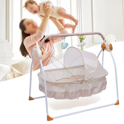 Electric Baby Crib Cradle Auto-Swing Newborn  Sleep Bed Infant with Bluetooth khaki