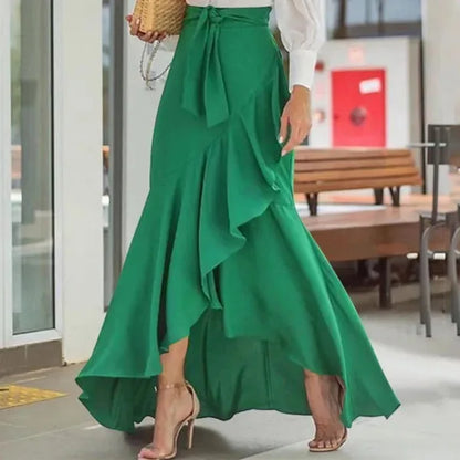 Spring Autumn Women Long Skirt High Waist Lace-up Ruffle Trim Plaid Print Bow Tie Irregular Hem Maxi Skirt Female 2026 New