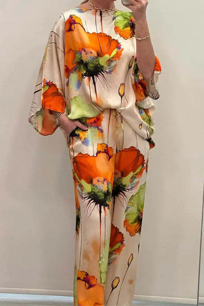 Conjuntos Para Majerus 2 Piazzas Women Printed Satin Two-piece Set, 3/4 Sleeve Round Neck Pants, Summer Fashion, pant Sets