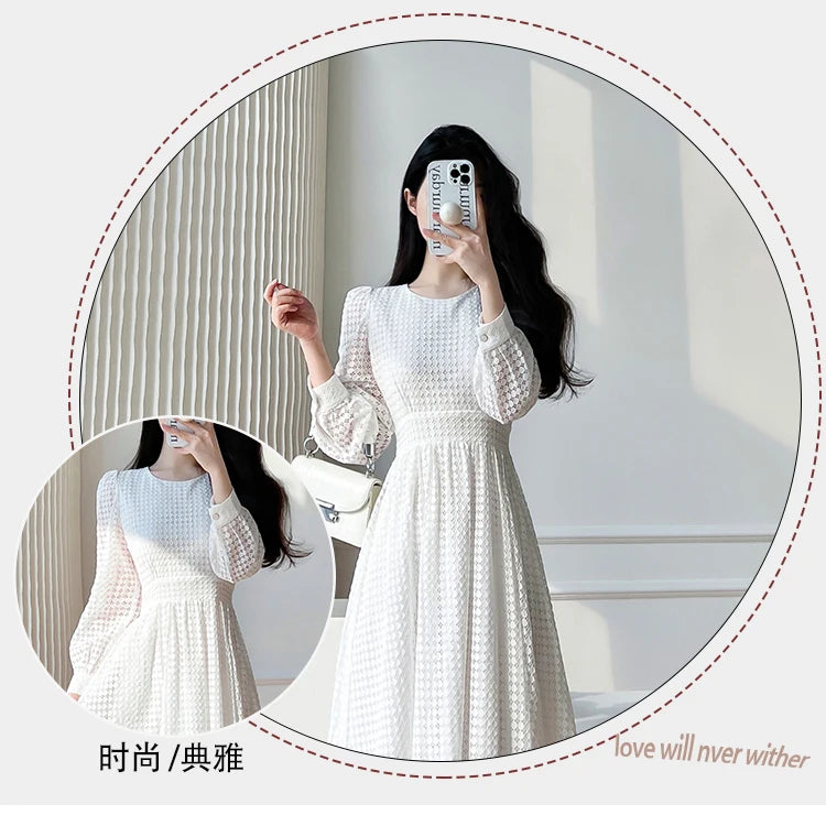 Lace Long Sleeves White Midi Dresses for Women 2026 New Autumn French Elegant Fashion Evening Wedding Party Robe Female Clothing