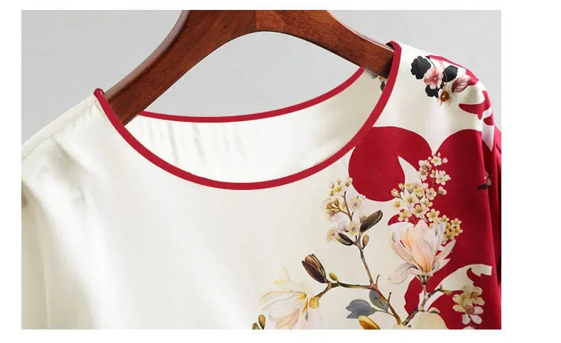 Plus Size Women Silk Satin Blouses Spring Summer Floral Printing Blouse Female Fashion Shirt Tops