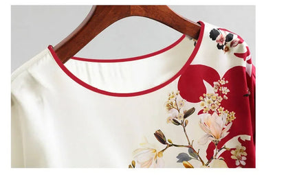 Plus Size Women Silk Satin Blouses Spring Summer Floral Printing Blouse Female Fashion Shirt Tops