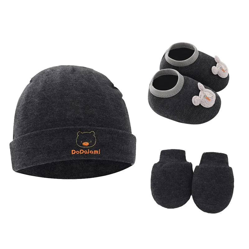 New Newborn Baby Cotton Beanies Hospital Hat Mittens Shoes Sets Solid Stretchy Infant Warm Cap Gloves 0-1 Years Old