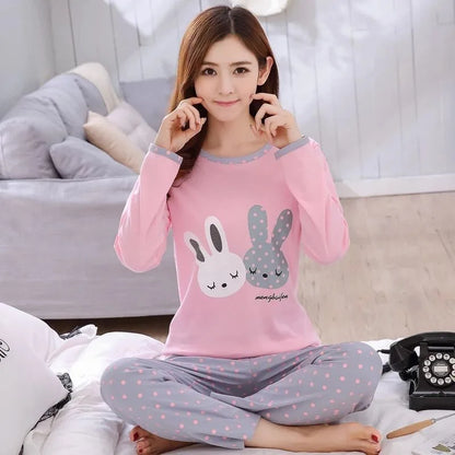 Autumn Thin 2pieces Pijamas Set Women 2026 Cartoon Round Neck Girls Pajamas Sets Honey Boof Full Sleepwear Clothes Sleep Tops
