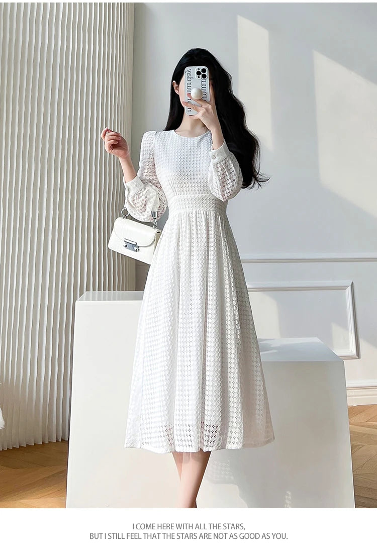 Lace Long Sleeves White Midi Dresses for Women 2026 New Autumn French Elegant Fashion Evening Wedding Party Robe Female Clothing