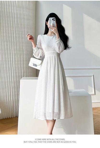 Lace Long Sleeves White Midi Dresses for Women 2026 New Autumn French Elegant Fashion Evening Wedding Party Robe Female Clothing
