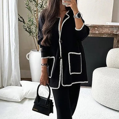 Loose Casual Women's Suit Autumn Double Pocket Single Breasted Cardigan New Fashion Casual Loose Solid Color Two-piece Set