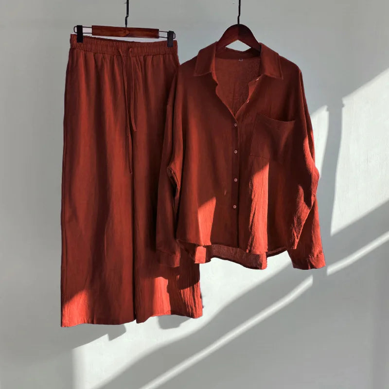 Loose Solid Color Cardigan Shirt Wide Leg Pants Women's 2-piece Set Of Retro Cotton Linen Shirt High Waist Long Pants Set Outfit