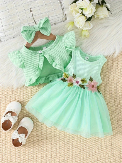 Newborn 2026 Baby Girls Dress Summer Waist Flower Vest Sleeveless Short Top Sweet Girl Lace Mesh Dress