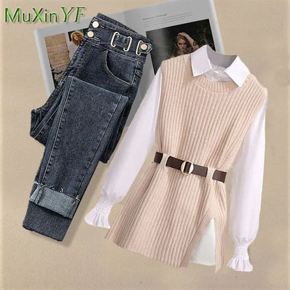 2026 Spring New Korean Elegant in Matching Set Women's Fashion Knitted Vest+ Shirt+ Jeans Three Piece Female Chic Denim Pants Suit