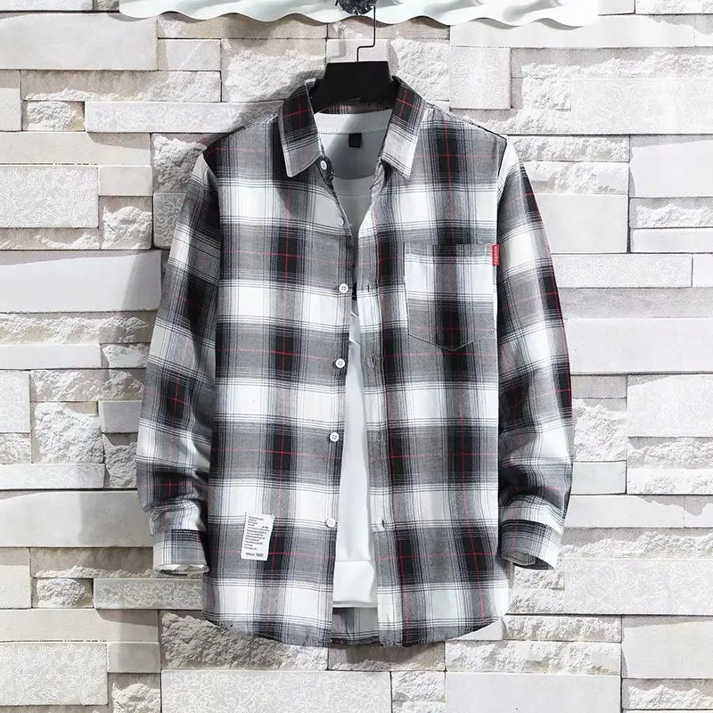 Spring New Korean Style Plaid Shirts Men's Handsome Long-sleeved Loose Casual All-matching Shirt Coats 2026 Trend Men's Clothing