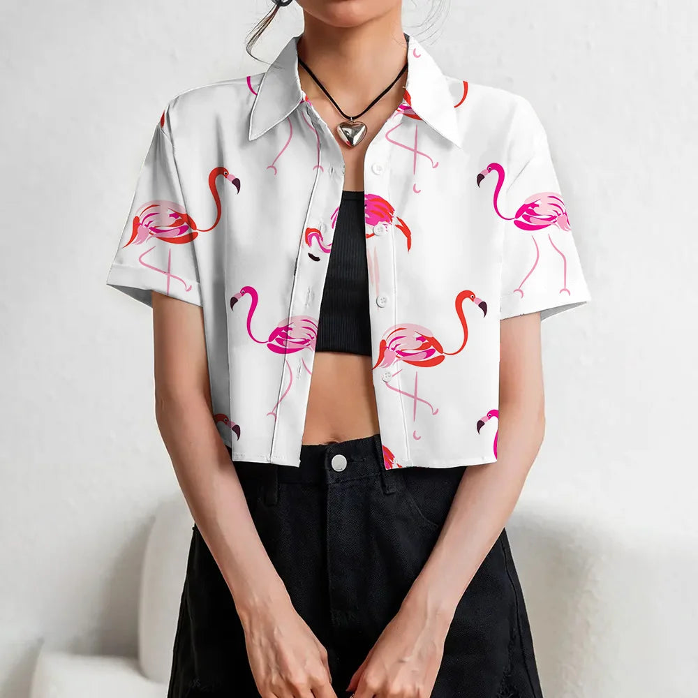 Women's Lapel Button Tank Tops Shirts Summer Casual Short Sleeve Shirts 3D Cherry Printed Women's Clothing Navel Exposed Shirts