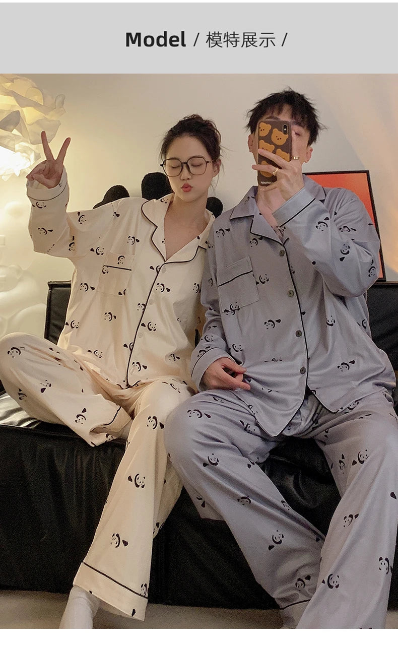 Pajama Women Pajama Man Set Cotton Plus Size Spring Autumn Long-sleeved Korean Cardigan Casual V-neck Nightwear Couple Pyjama