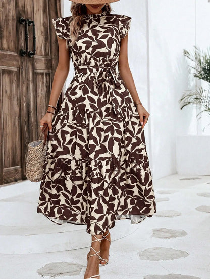 Elegant Women's Flower Midi Dress New Summer Fashion Stand Collar Flying Sleeve Lace Up Dress Casual Beach Holiday Dresses Robe