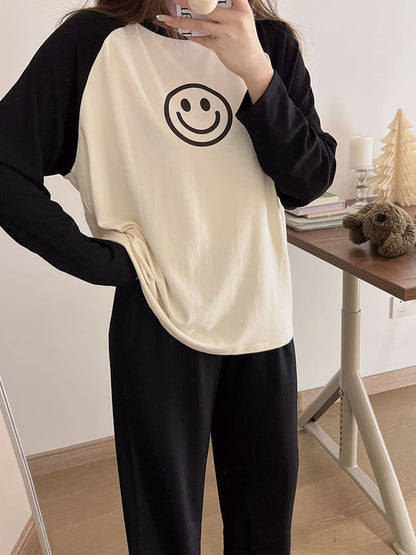 Women Spring Autumn Pajamas Set Female Solid Long-sleeved Pant Home Clothing Simple Loose Casual Smile Face Print Sleepwear XXL