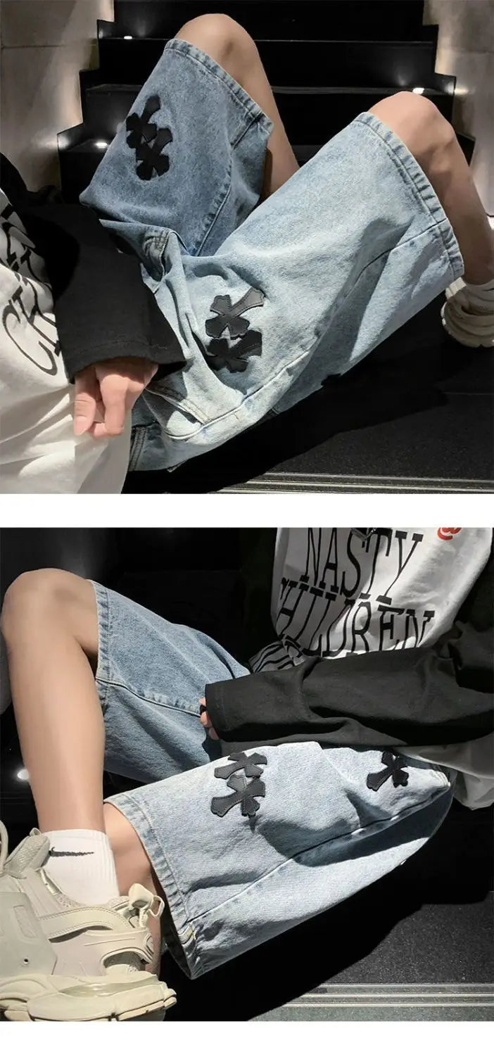 American cross-print denim shorts men's summer thin Hong Kong style loose trousers trendy brand retro casual mid-pants y2k tops