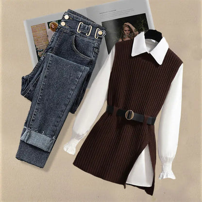 2026 Spring New Korean Elegant in Matching Set Women's Fashion Knitted Vest+ Shirt+ Jeans Three Piece Female Chic Denim Pants Suit