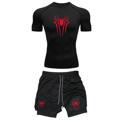 Men's Workout Compression Set Y2K Spider Printed Gym T-shirts Breathable Running Shorts Quick Dry Sports Rash Guard Sportwear Set