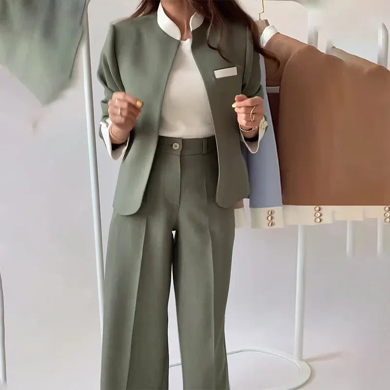 Pants Sets Two Piece Suit Elegant Women Blazer Cardigan Stand Collar Coat Straight Pants Solid Casual Suits Autumn Winter