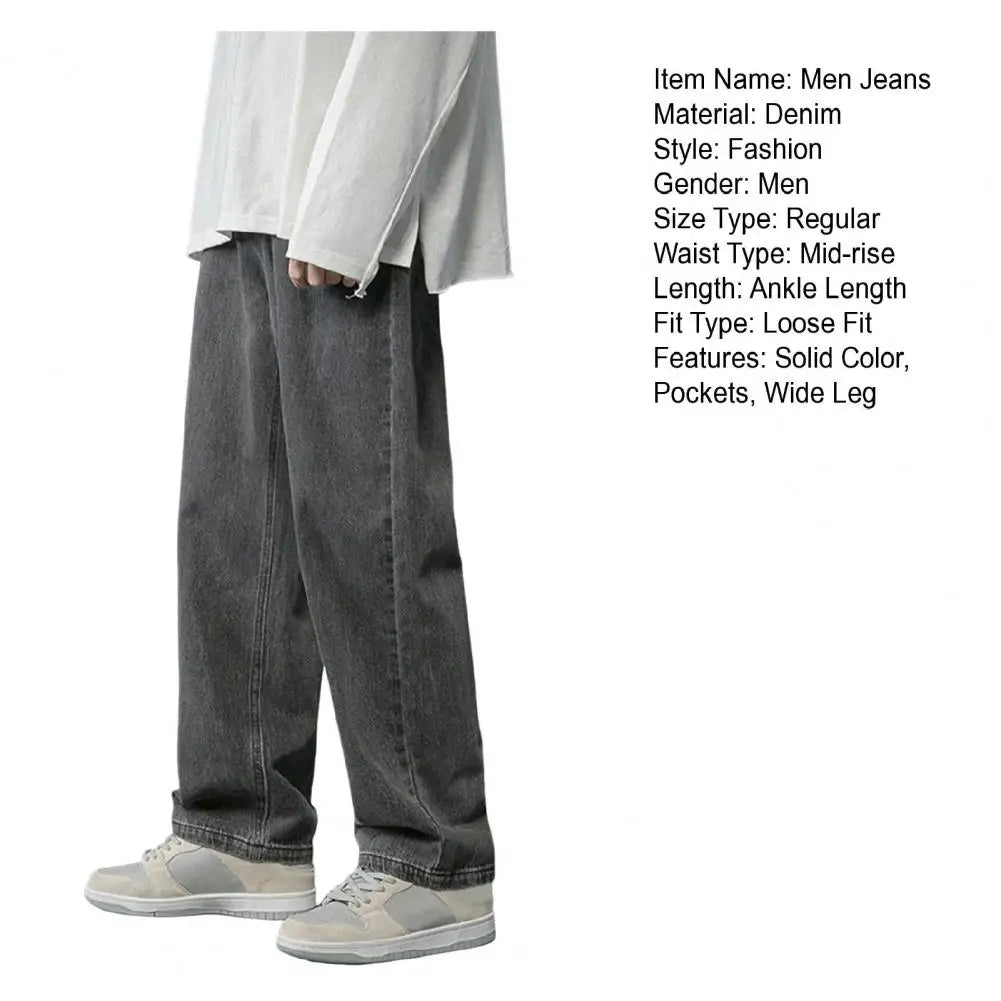 Straight-leg Men Jeans Men's Wide Leg Denim Pants Hip Hop Style Washed Jeans with Pockets Classic Straight Casual for Spring