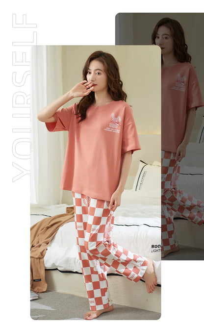 Cotton Womens Pajamas Sets Long Pants Leisure Woman's Sleepwear Ladies Elegant Lattice Printing Pajama Girls Homeware Suit