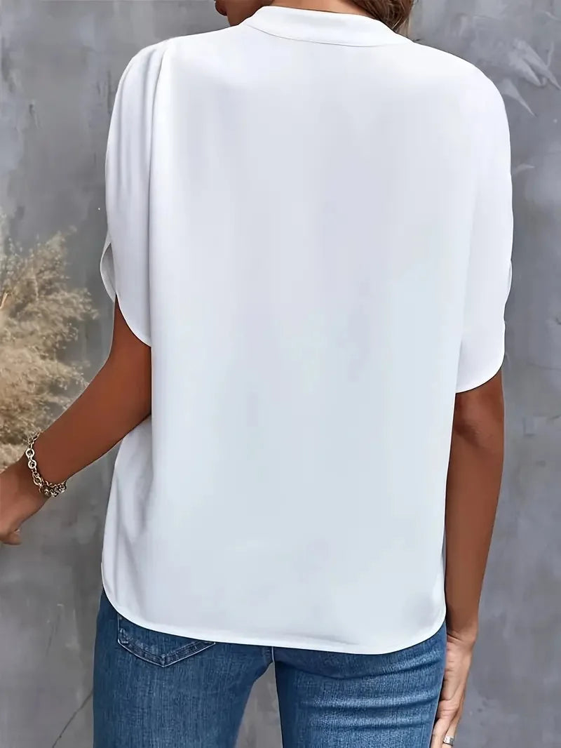 Summer Elegant Women's Blouse New V-neck Short Sleeve Solid Color Loose Shirt Casual White Tops Office Lady Blouse