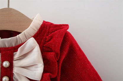 Winter Newborn Girls Clothes Korean Fashion Bow Cute Fleece Warm Thick Long Sleeve Red Baby Dress Luxury Birthday Dresses BC1704