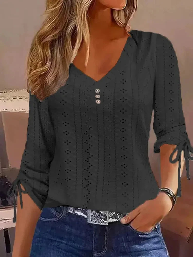 Women Long Sleeve Blouse 2026 Women's Fashion Trends Casual Button V-Neck shirts & blouses Elegant Female Hollow Out Bow Tops