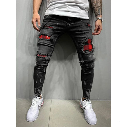 Men Jeans Knee Hole Ripped Stretch Skinny Denim Pants Solid Splice Color Blue Autumn Summer Hip-Hop Style Slim Fit Trousers 2025