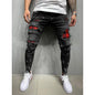 Men Jeans Knee Hole Ripped Stretch Skinny Denim Pants Solid Splice Color Blue Autumn Summer Hip-Hop Style Slim Fit Trousers 2025