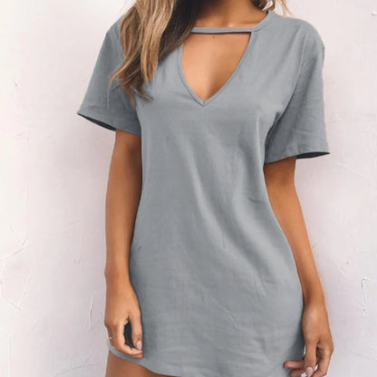 Summer Sexy Mini Black Dress 2026 V Neck Cut Out Loose Dress Women Elegant Short Sleeve Club Party Dress Solid Color Streetwear