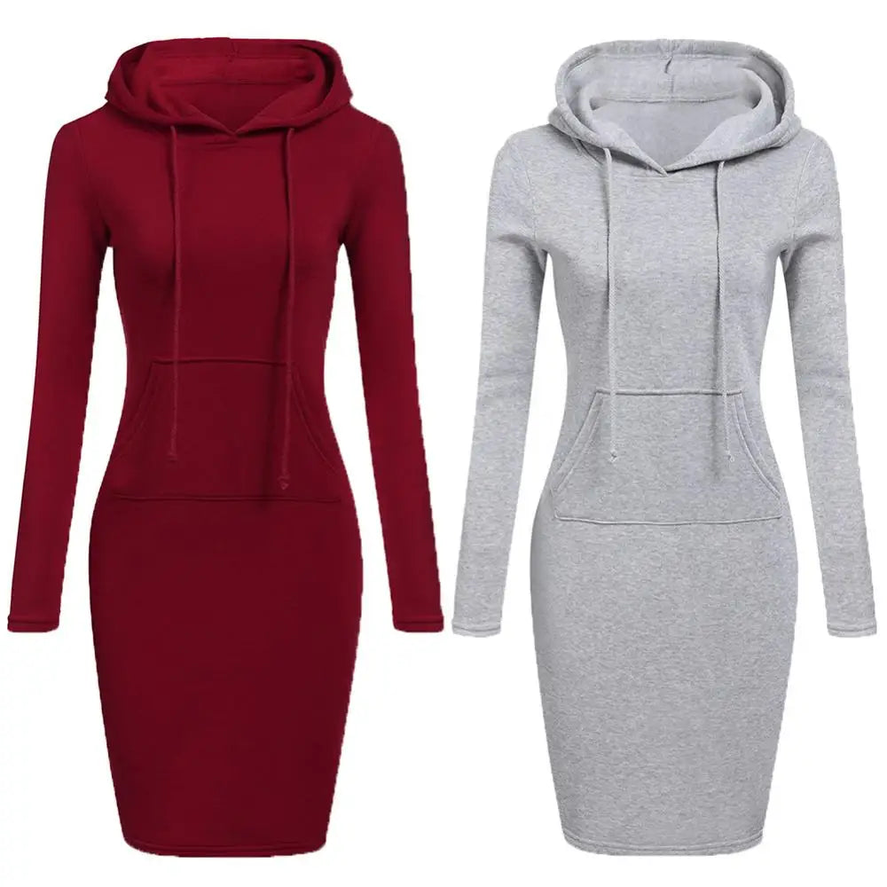 Autumn Winter Warm Sweatshirt Long-sleeved Dress Woman Clothing Hooded Collar Pocket Simple Casual lady Dress Vesdies Sweatshirt