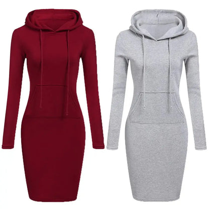 Autumn Winter Warm Sweatshirt Long-sleeved Dress Woman Clothing Hooded Collar Pocket Simple Casual lady Dress Vesdies Sweatshirt
