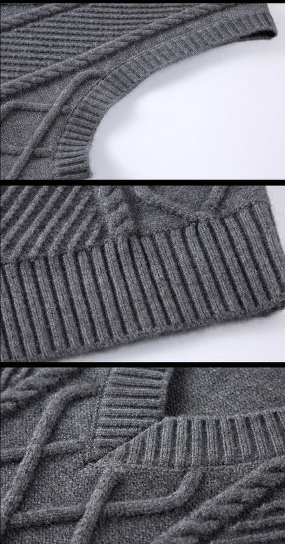 Stylish V-neck Jacquard Knit Sleeveless Sweater Vest for Men Middle-aged Men Fashion Solid Color Warm Top