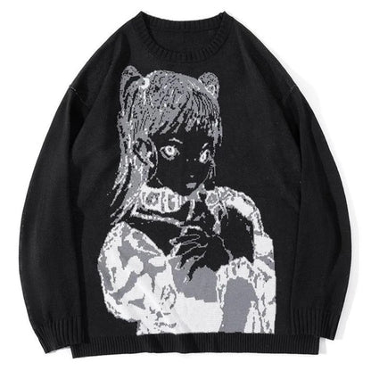 Oversized Sweater Men Women Harajuku Anime Girl Graffiti Vintage Knitted Sweater 2025 Winter Unisex Cotton Pullover Streetwear