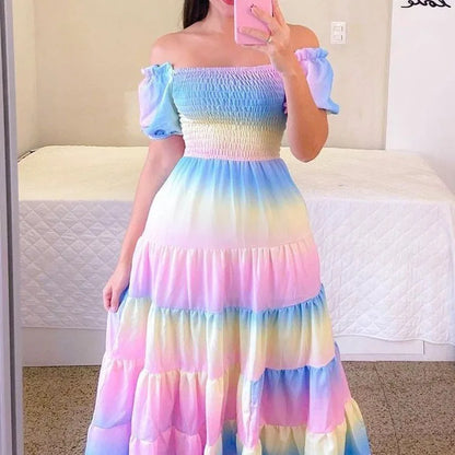 Elegant Women's Off Shoulder Midi Dress 2025 Summer Fashion dresses High Waist Flower Print Short  Sleeve Dress Robe Clothing