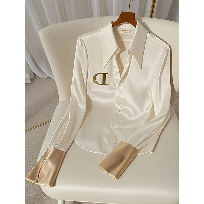 2026 White Shirt Female Design Sense Spring Autumn Fashion Letter Long Sleeve Shirts Tops Single-Breasted Blouse Coat Women